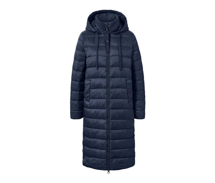 Granatowy płaszcz pikowany z kapturem.