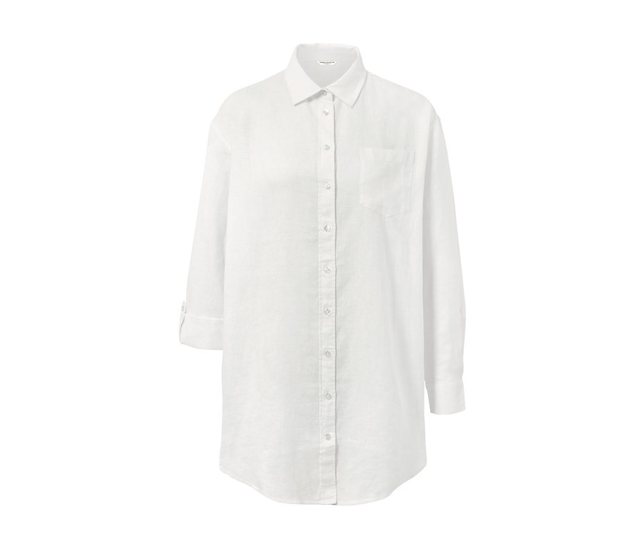 Biała lniana bluzka z długimi rękawami i guzikami.