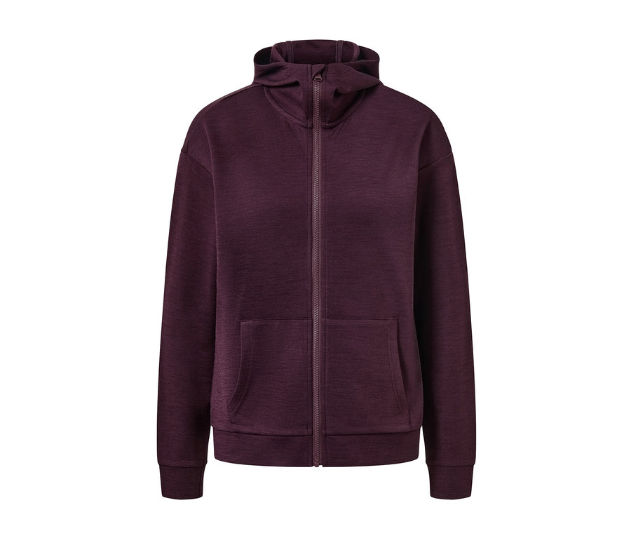 Fiołkowa rozpinana bluza z kapturem z wełną z certyfikatem RWS, z zamkiem błyskawicznym i kieszeniami.