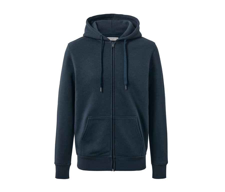 Granatowa rozpinana bluza z kapturem zapinana na zamek błyskawiczny.