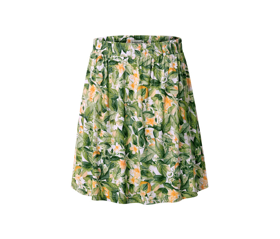 Spódnica damska z dżerseju, z nadrukiem liści i kwiatów.