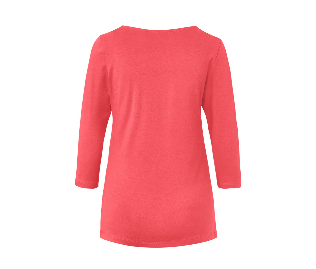 Koralowa bluzka z rękawami o długości 3/4.