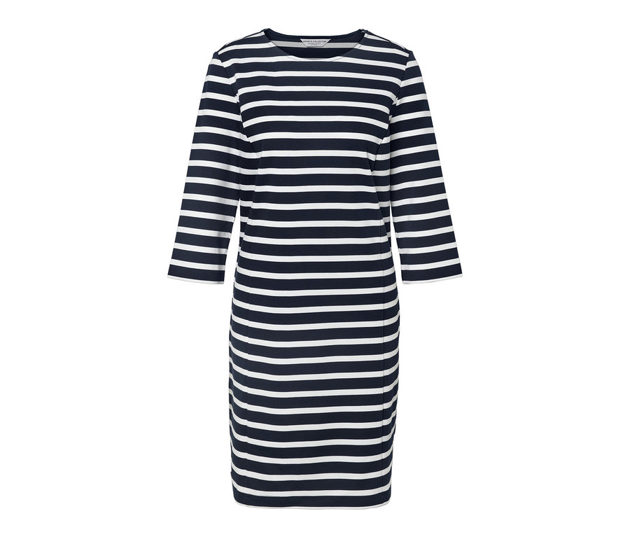 Sukienka dresowa w paski, w kolorze niebiesko-białym.
