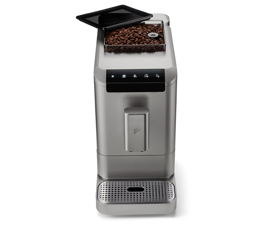 Automatyczny ekspres do kawy »Esperto2 Caffè« titanium silver z otwartym zbiornikiem na ziarna kawy.