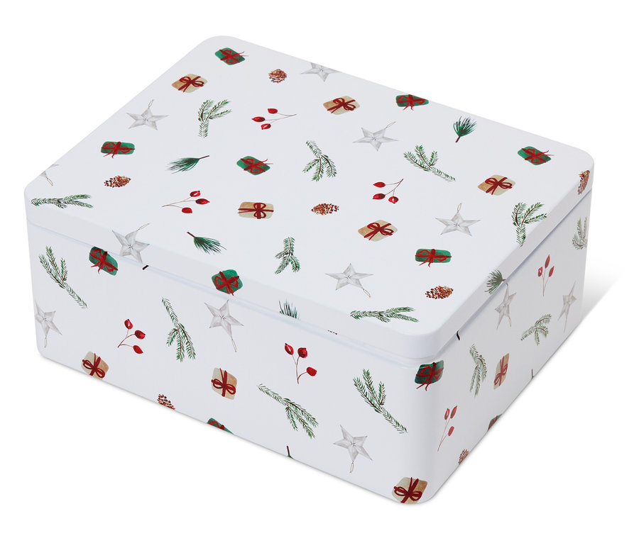 Biała puszka z motywem świątecznym gwiazd, gałązek, jagód i prezentów.