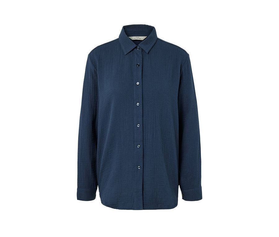 Granatowa muślinowa bluzka z kołnierzykiem i zapięciem na guziki.