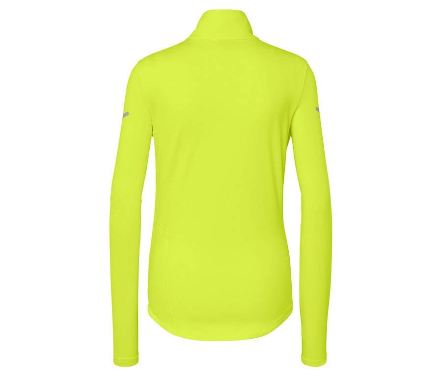 Widok z tyłu na neonowożółtą, długorękawową bluzę sportową z zamkiem błyskawicznym przy szyi.