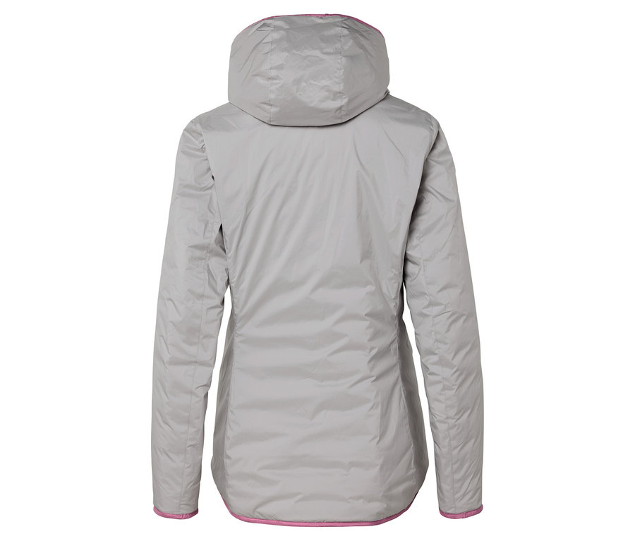 Widok z tyłu szarej kurtki z kapturem i różowym obszyciem.