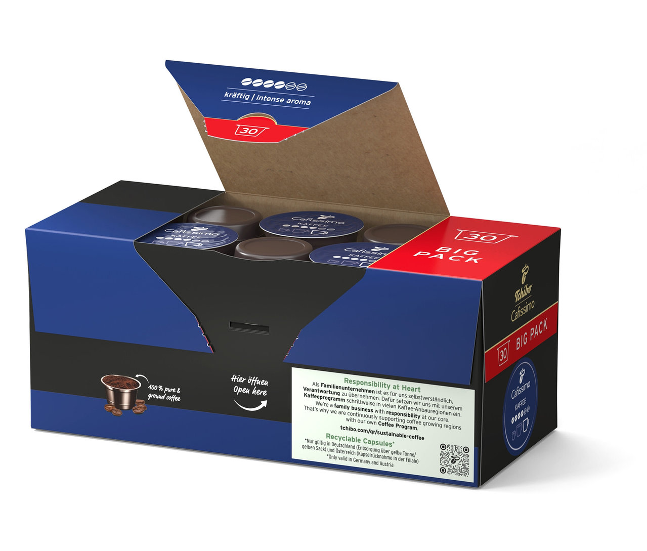 Otwarte opakowanie 120 kapsułek Cafissimo Kaffee kräftig.
