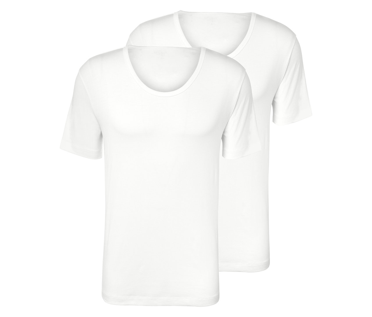 Dwa białe podkoszulki z krótkim rękawem leżą jeden na drugim.