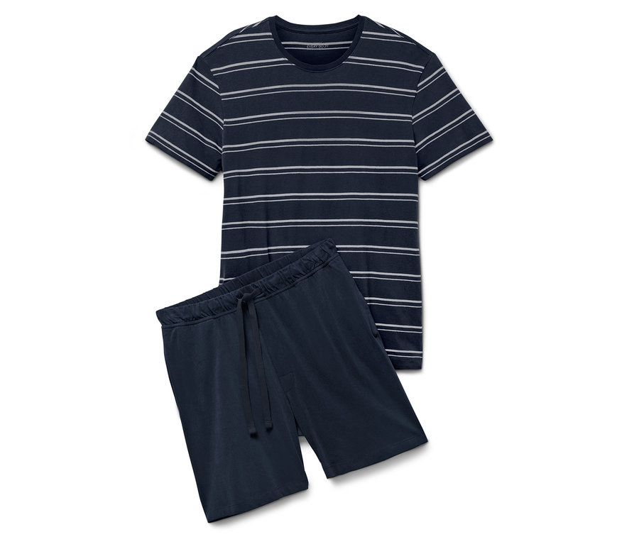 Pasiasta piżama z krótkim rękawem i szorty w kolorze granatowym.