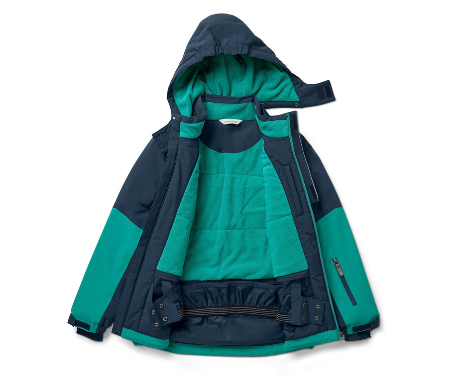 Otwarta kurtka w kolorze granatowym i zielonym z kapturem.