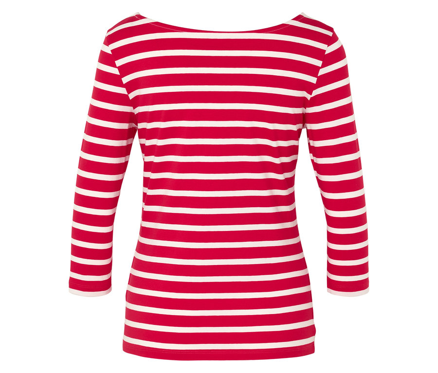 Widok z tyłu czerwono-białej bluzki w paski z rękawami 3/4.