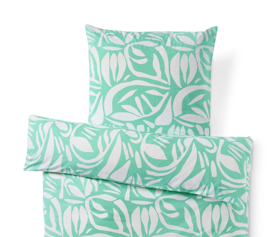 Zielona pościel z bawełny renforcé w standardowym rozmiarze z białym wzorem liści.