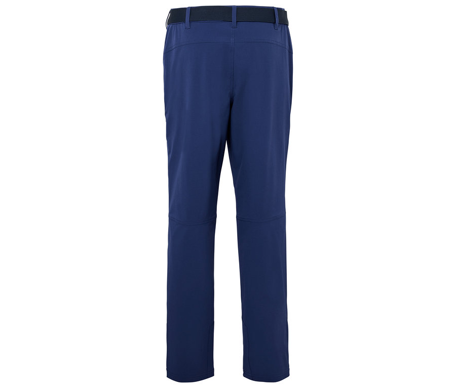 Widok z tyłu granatowych spodni z czarnym paskiem.