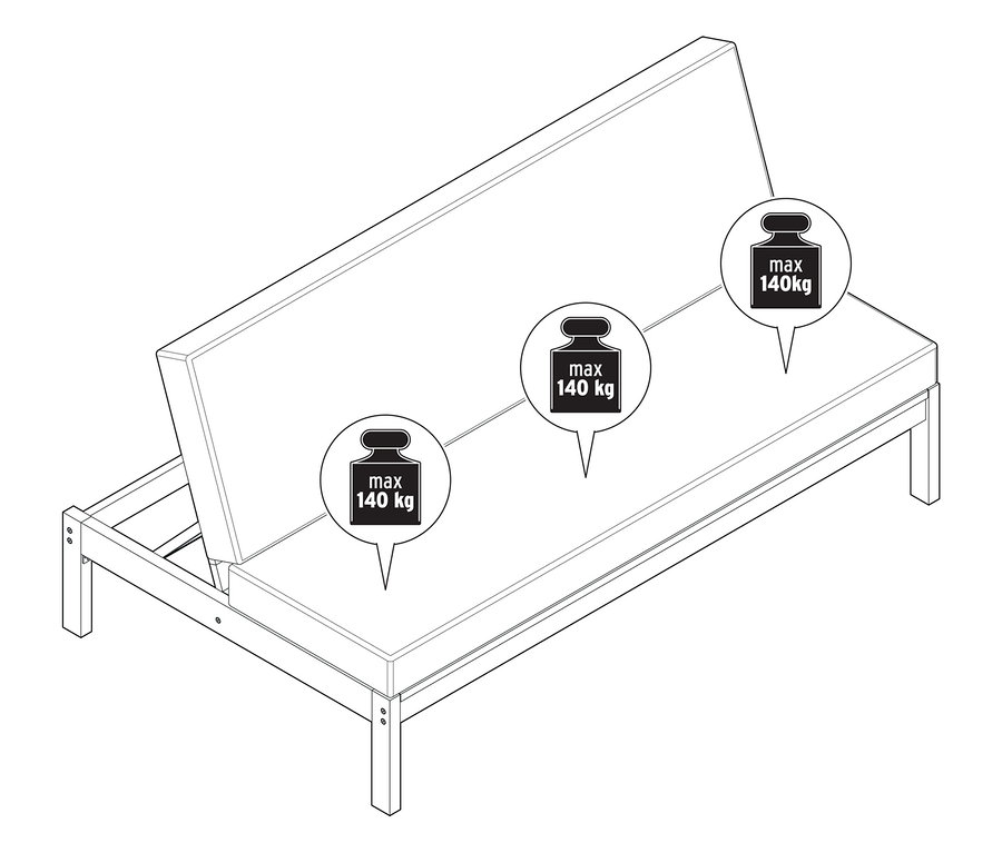 Ilustracja przedstawia ławkę ogrodową 2 w 1 ‒ podwójny leżak z informacją o wadze.