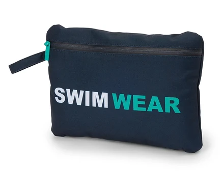 Granatowa torba z napisem "SWIMWEAR" w kolorze białym i turkusowym.