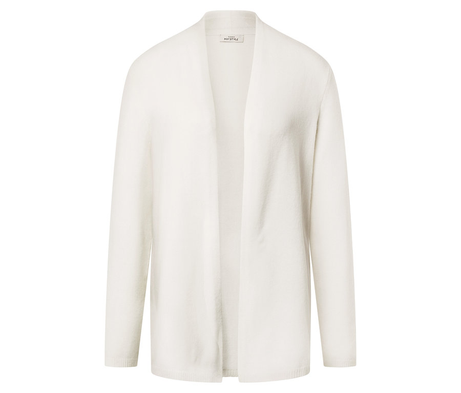Biały, otwarty kardigan z długimi rękawami leży płasko.