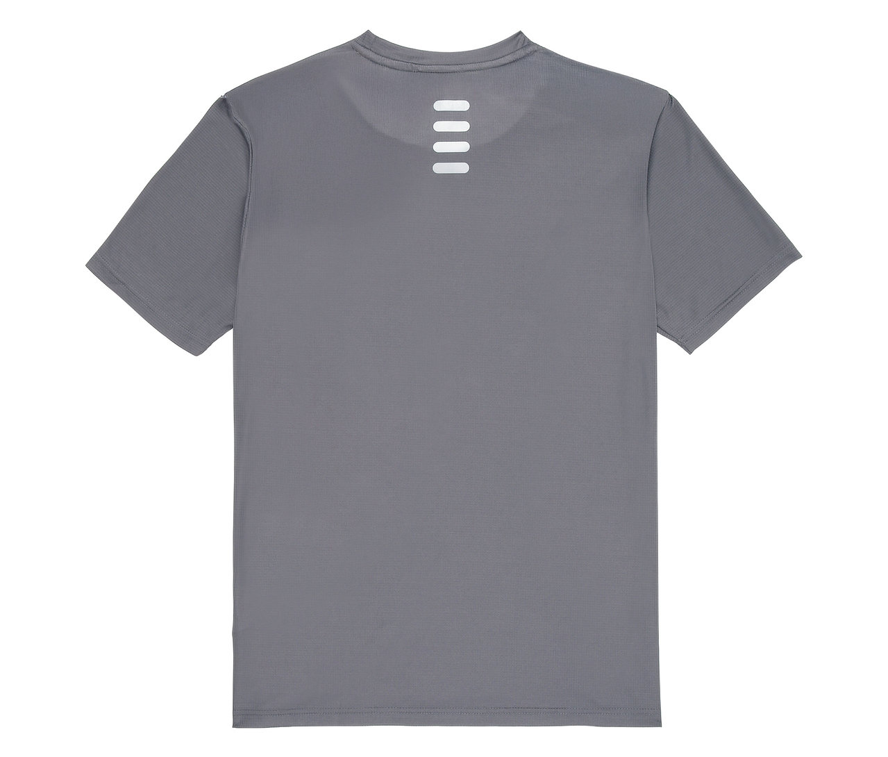 Szara koszulka funkcjonalna męska FILA, widok z tyłu, z czterema poziomymi, białymi paskami pod szyją.