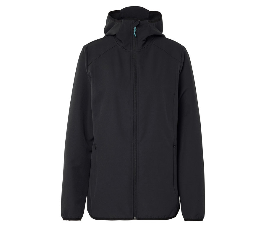 Czarna kurtka z kapturem zapinana na zamek błyskawiczny.