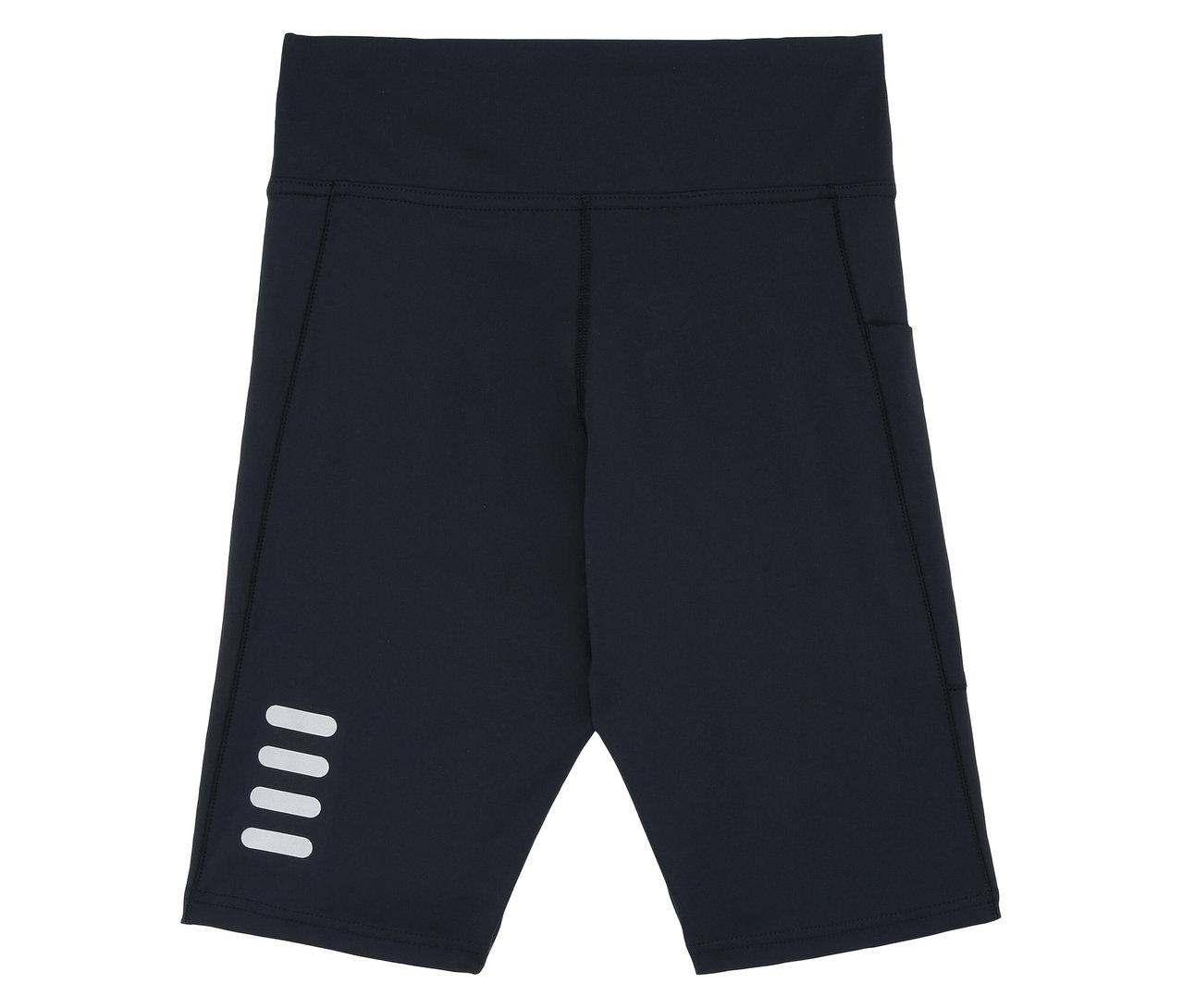 Czarne szorty sportowe damskie FILA z boczną kieszenią i czterema poziomymi, białymi paskami na nogawce.