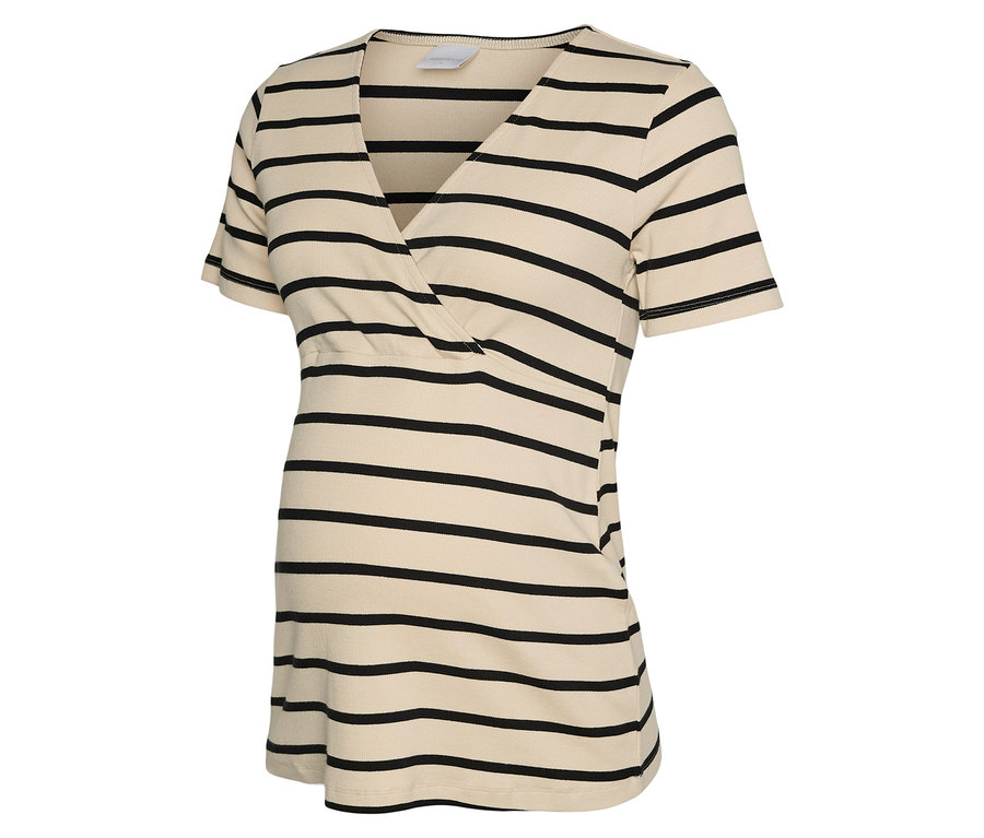 Beżowo-czarny top ciążowy w paski z dekoltem w kształcie litery V.