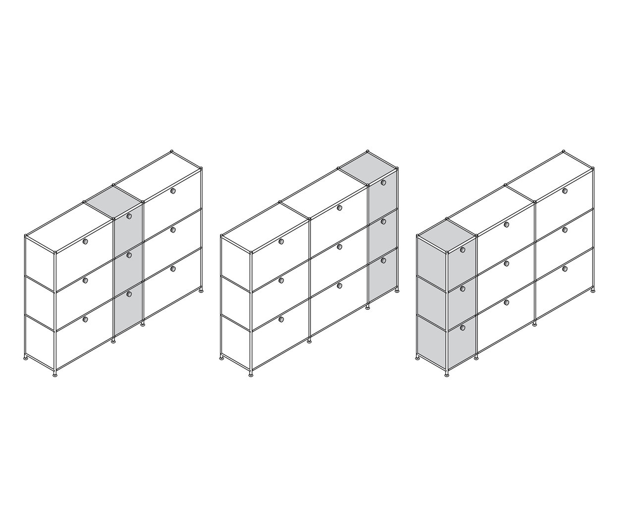 Trzy komody »CN3« z 9 klapami, jedna szara, jedna biała i jedna czarna.