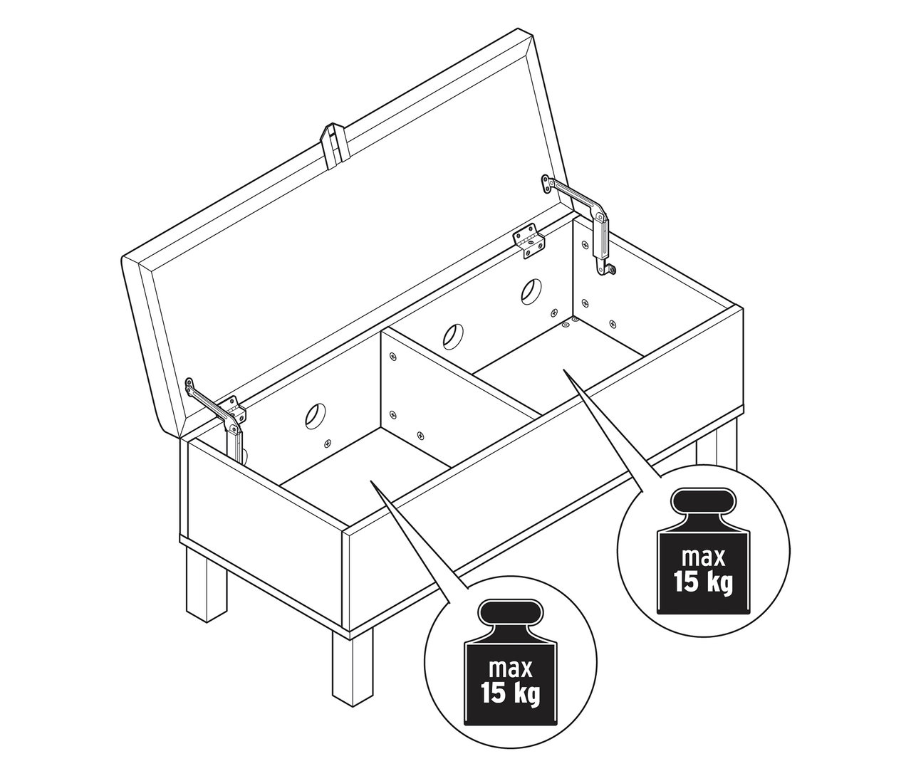 Otwarta ławka ze schowkiem „Leira” z tapicerowaną pokrywą z wnętrzem podzielonym na dwie przegrody. Maksymalne obciążenie każdej z nich wynosi 15 kg.