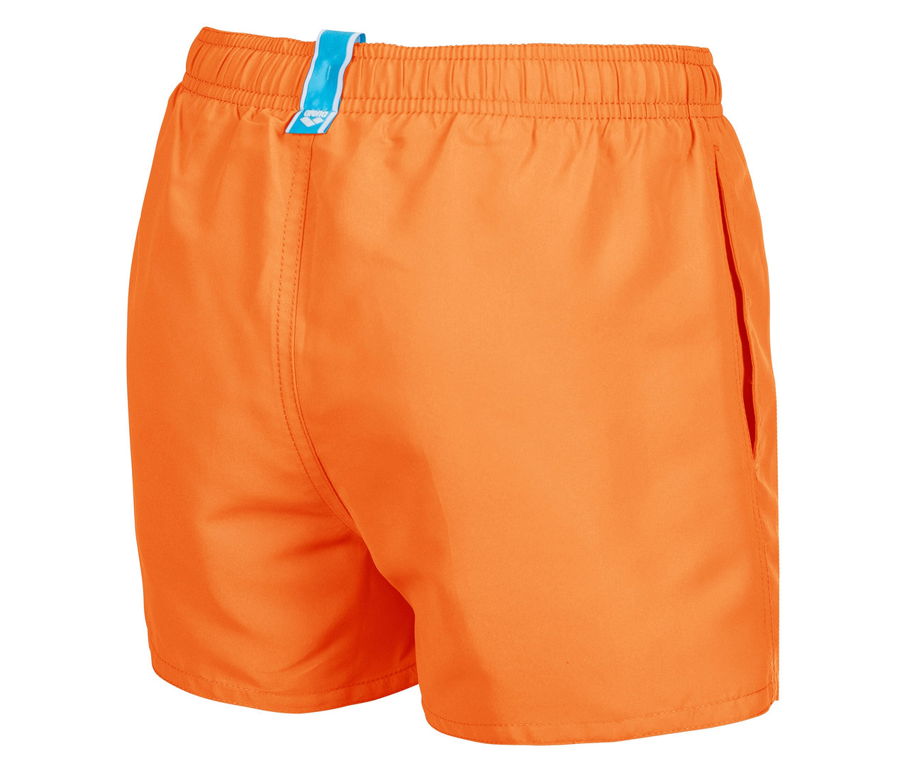 Zbliżenie na pomarańczowe szorty kąpielowe ze sznurkiem i kieszenią.