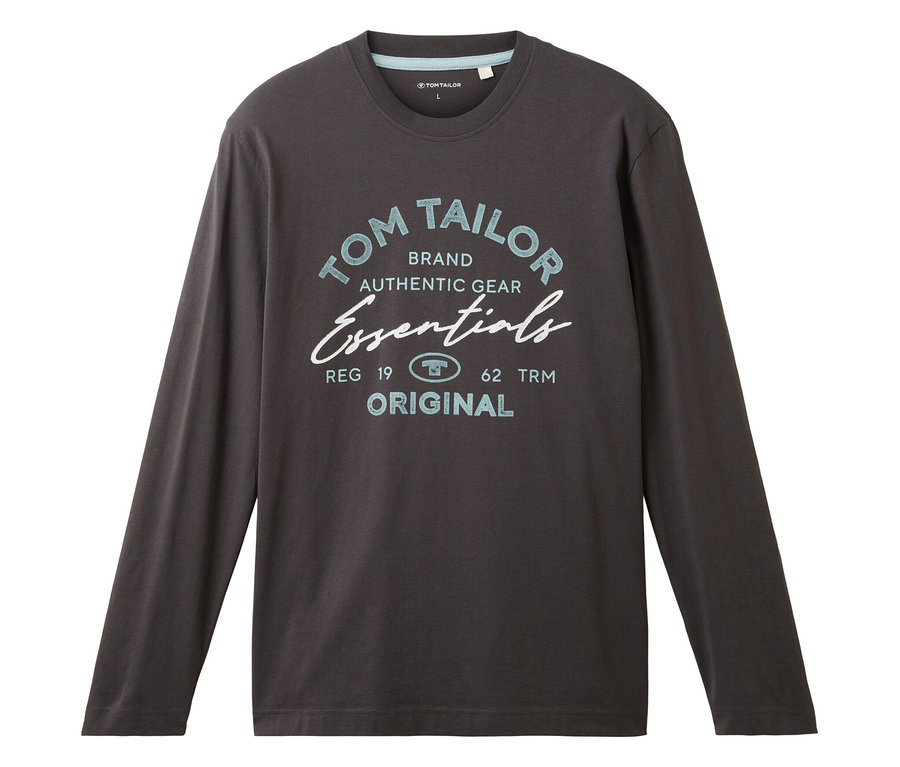 Szara koszulka z długim rękawem z nadrukiem "TOM TAILOR BRAND AUTHENTIC GEAR Essentials ORIGINAL".