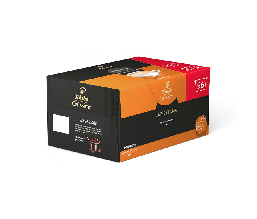 Czarne i pomarańczowe opakowanie Tchibo Cafissimo Caffe Crema Rich Aroma z 96 kapsułkami kawy.