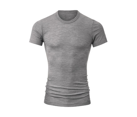 Szary, dopasowany T-shirt z krótkim rękawem i okrągłym dekoltem, na białym tle.