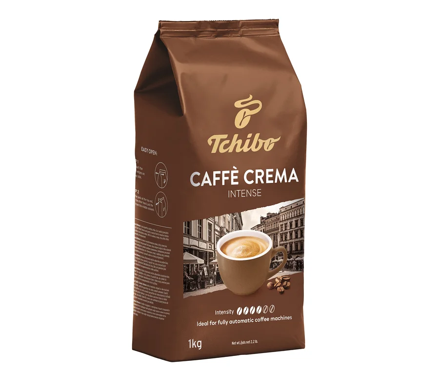 Brązowa paczka kawy ziarnistej Caffè Crema Intense marki Tchibo, 1 kg.