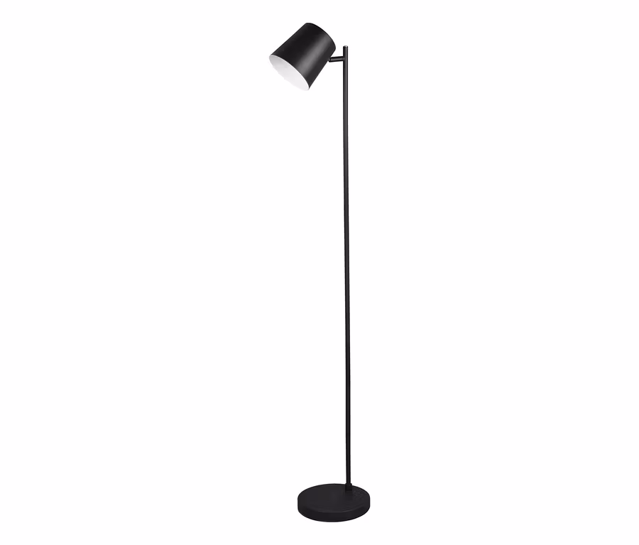 Czarna akumulatorowa lampa stojąca Reality „Blake” z cienkim słupkiem, okrągłą podstawą i cylindrycznym, skośnym kloszem.