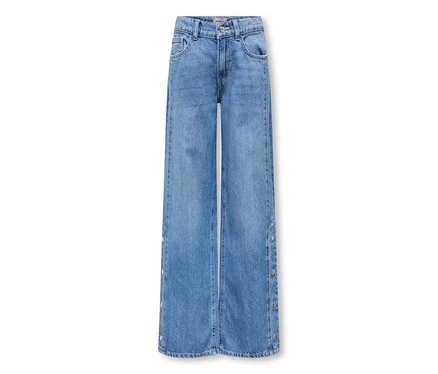 Niebieskie jeansy z szerokimi nogawkami, z jasnoniebieskiego denimu, ze srebrnymi guzikami wzdłuż zewnętrznych szwów.