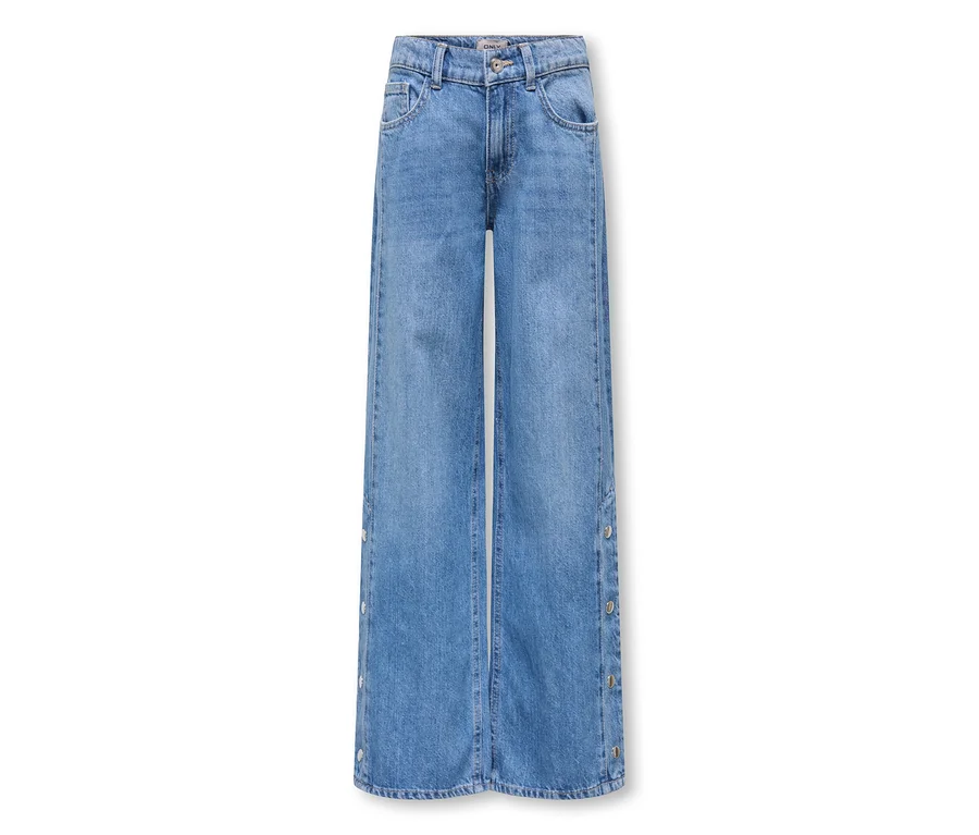 Niebieskie jeansy z szerokimi nogawkami, z jasnoniebieskiego denimu, ze srebrnymi guzikami wzdłuż zewnętrznych szwów.
