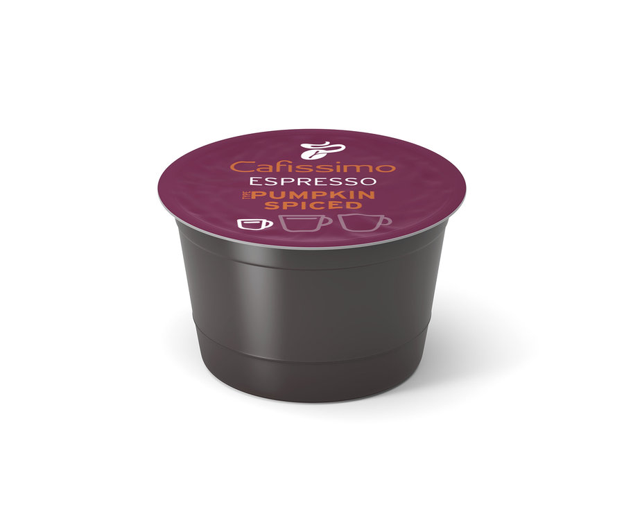 Pojedyncza kapsułka kawy Cafissimo Flavoured Espresso Pumpkin Spiced z ciemnobrązowym korpusem i bordową pokrywką.