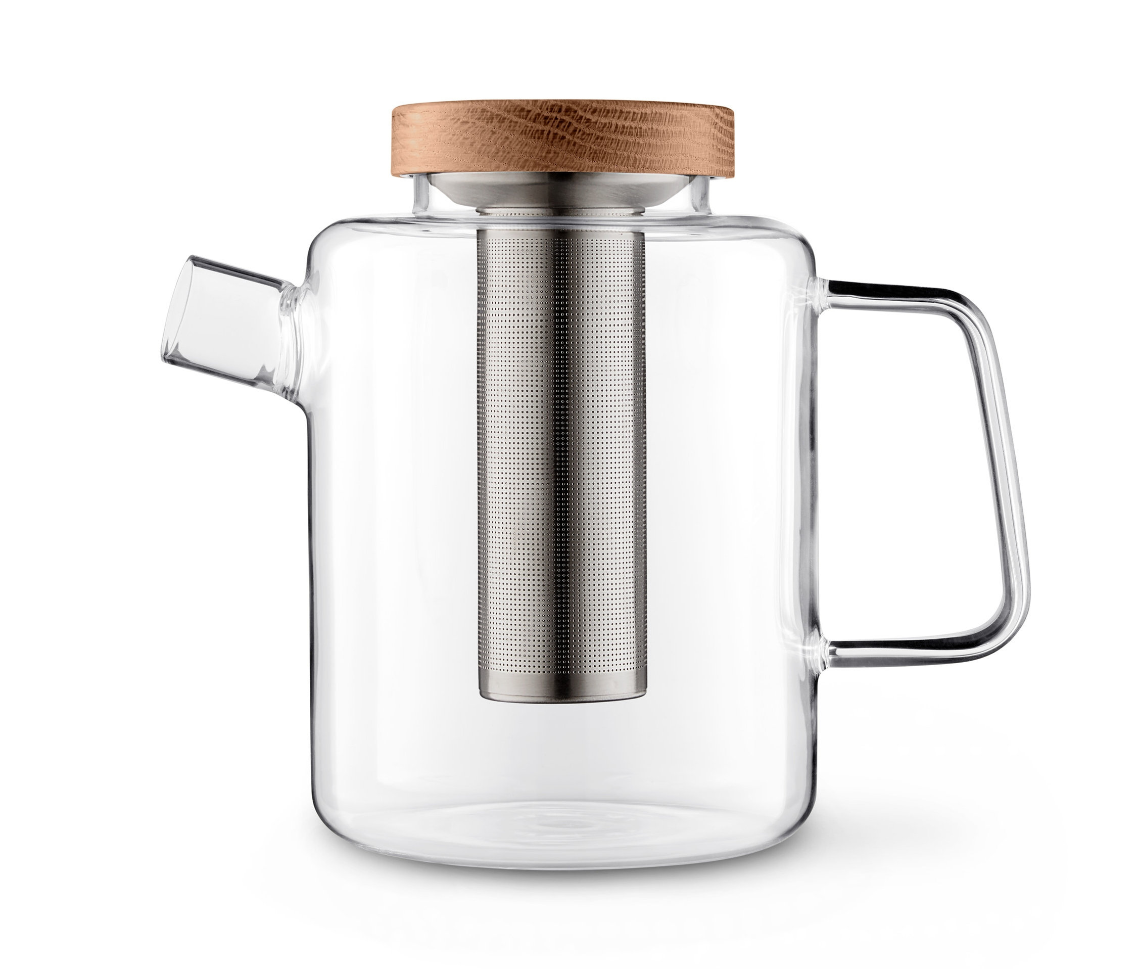 Przezroczysty dzbanek do herbaty z drewnianą pokrywką.