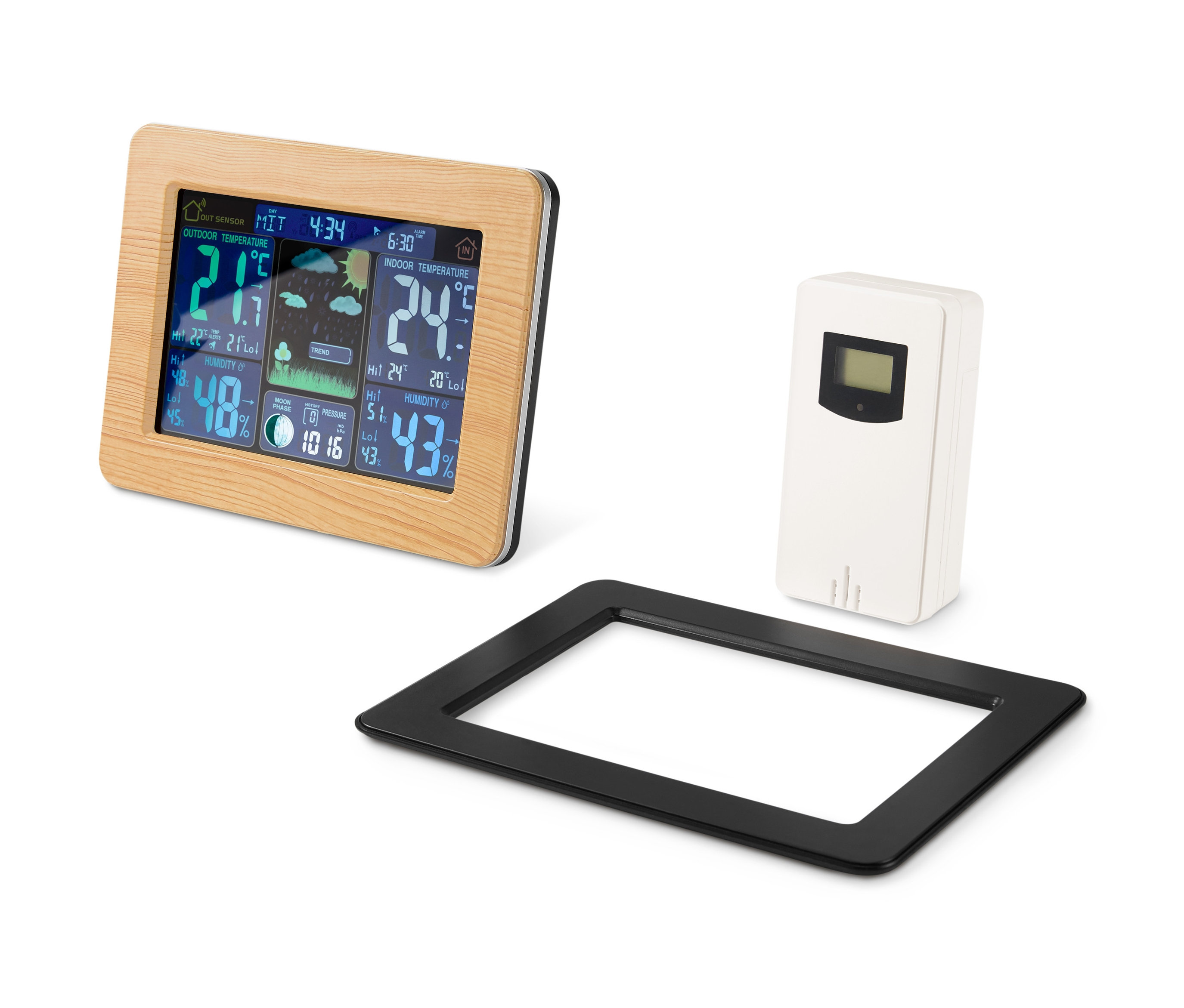 Stacja meteorologiczna sterowana sygnałem radiowym, z kolorowym wyświetlaczem ciekłokrystalicznym, pokazuje temperaturę wewnątrz i na zewnątrz oraz wilgotność.