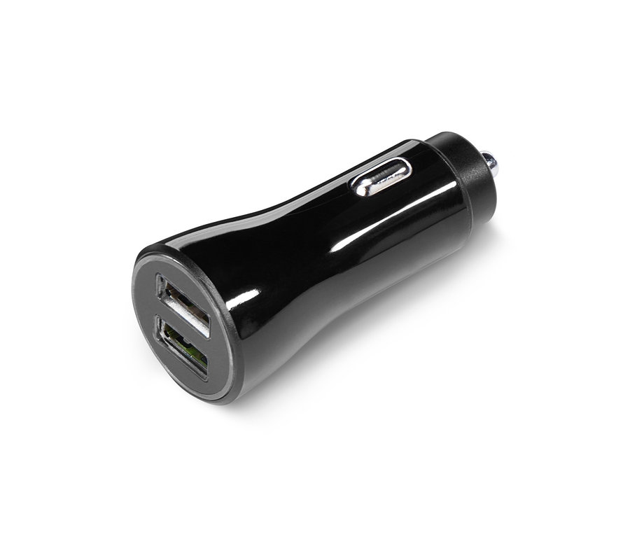 Czarna ładowarka samochodowa z portem USB.