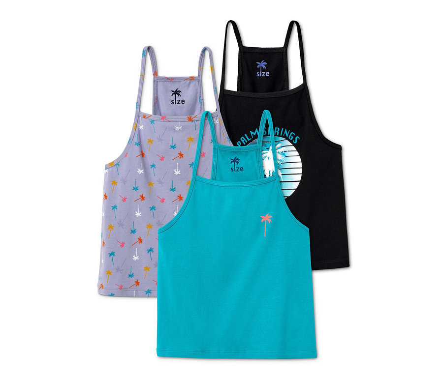 Trzy topy: lawendowy w palmy, turkusowy z jedną palmą i czarny z napisem Palm Springs.