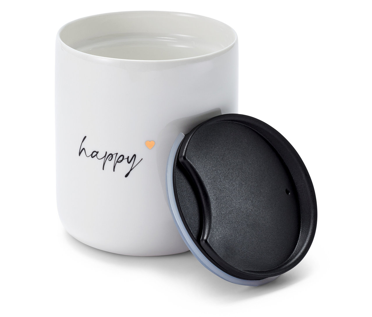 Biały kubek ceramiczny z pokrywką i napisem happy.