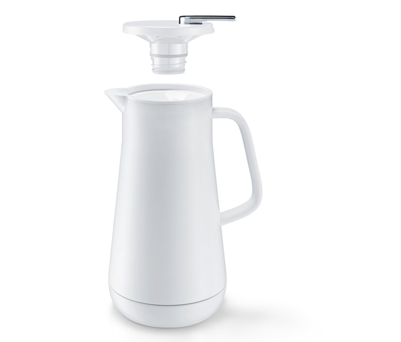 Biały dzbanek termiczny o pojemności 1 l z oddzieloną pokrywką.