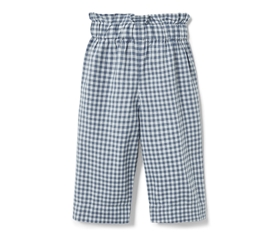 Niebiesko-białe spodnie kuloty w kratę.