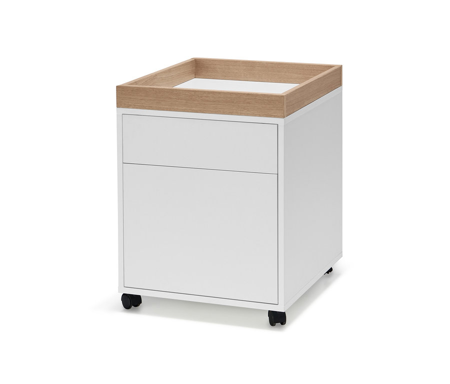 Biały kontener na kółkach z półką.