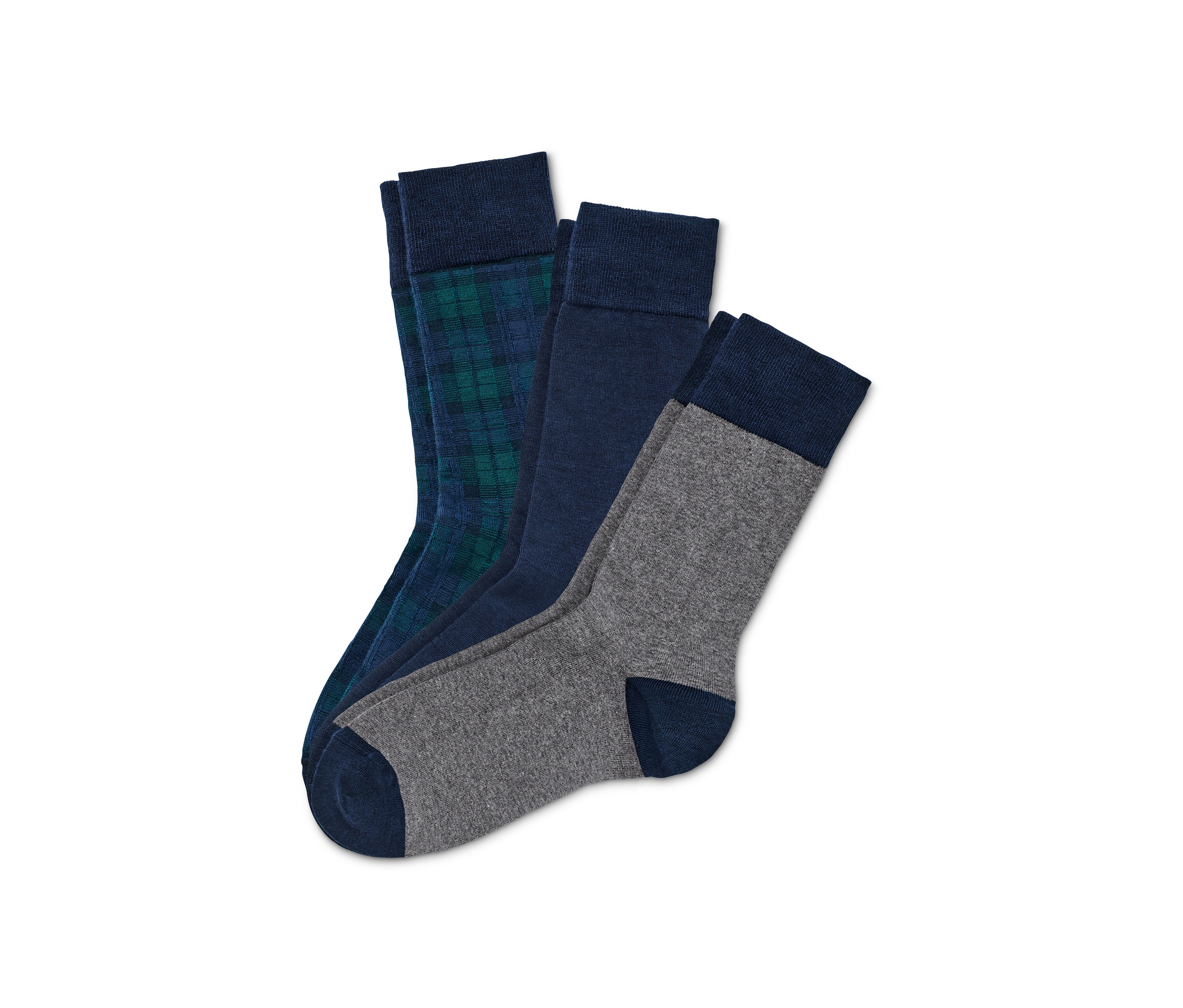 Trzy pary skarpet z wełny merino w kratkę.