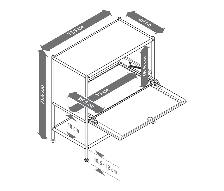 Szkic białej szafki typu sideboard »CN3« z 1 klapą i podanymi wymiarami.