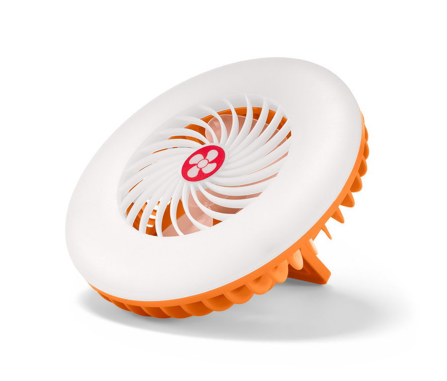 Biały wentylator LED 2 w 1 z pomarańczową obwódką i podstawką.