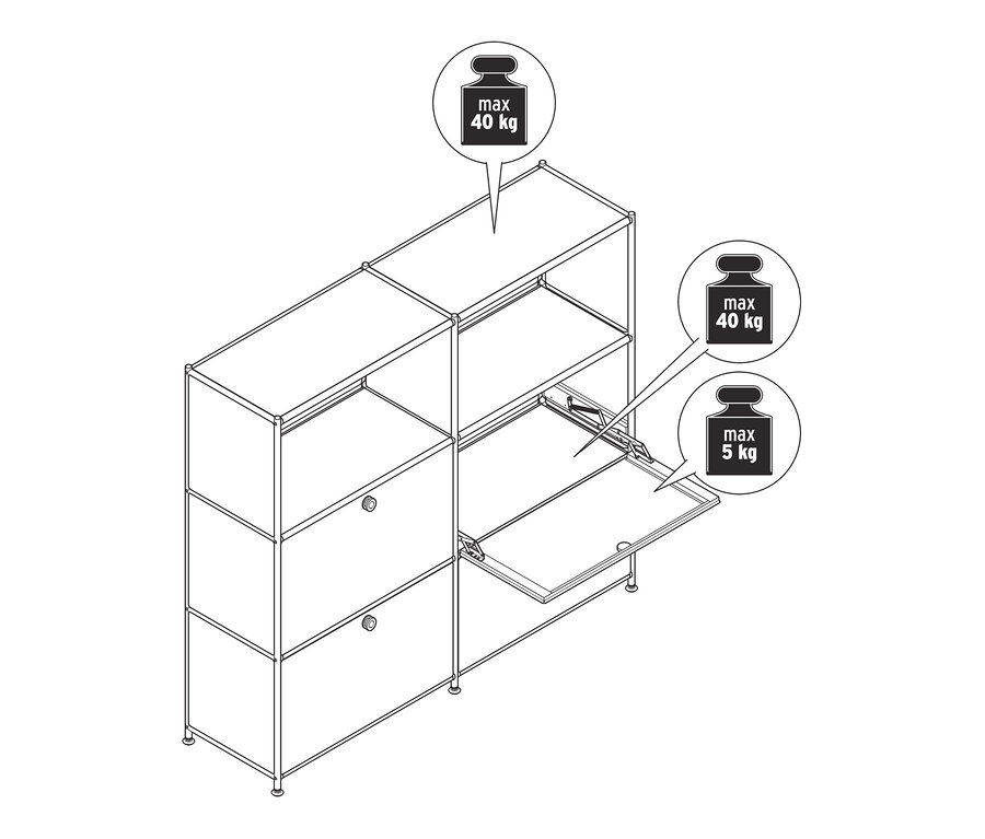 Schematyczny rysunek metalowej komody »CN3« z przestawnymi komorami z klapami. Maksymalne obciążenie górnej półki wynosi 40 kg, a półki z komorami z klapami 5 kg.