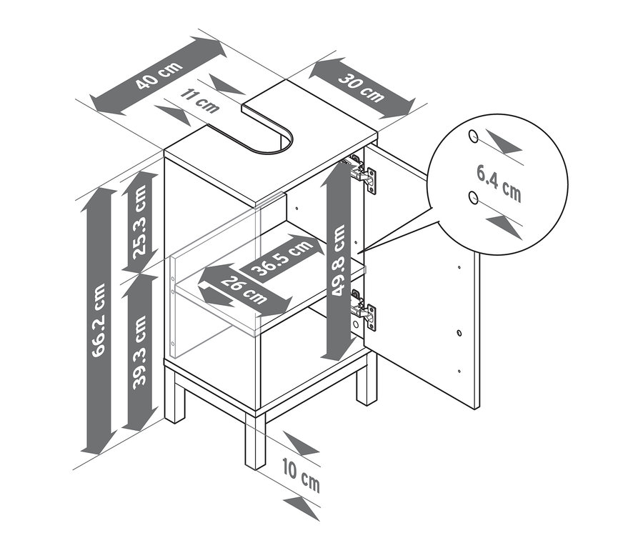 Wymiary małej szafki pod umywalkę »Eklund«.